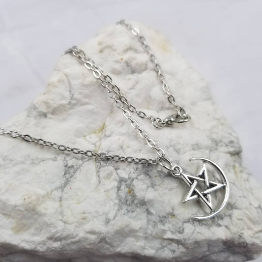 Crescent Moon Pentagram Pendant Necklace