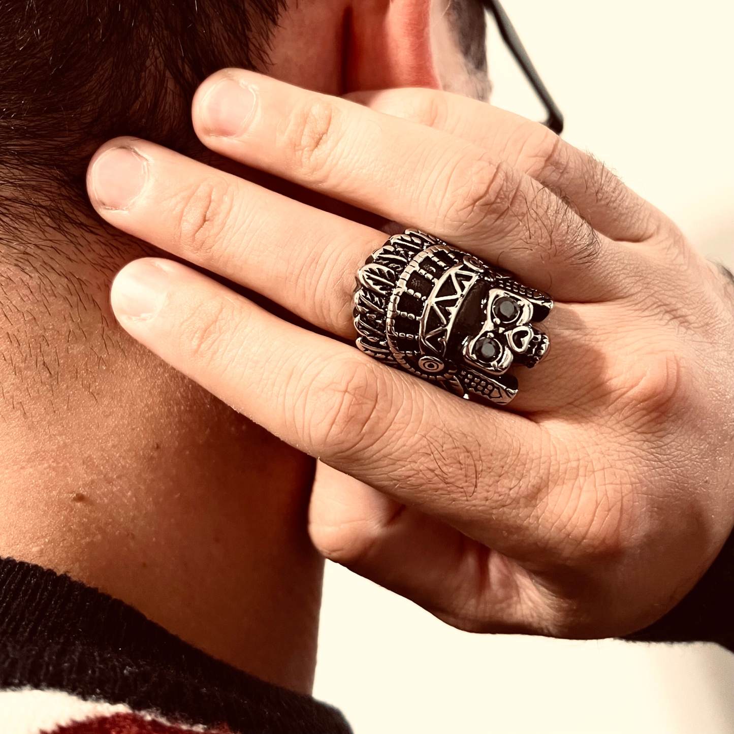 Stainless Steel Black CZ Eyed Native American Chief Skull Ring