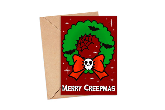 Merry Creepmas Skull Wreath Spooky Christmas Greeting Card