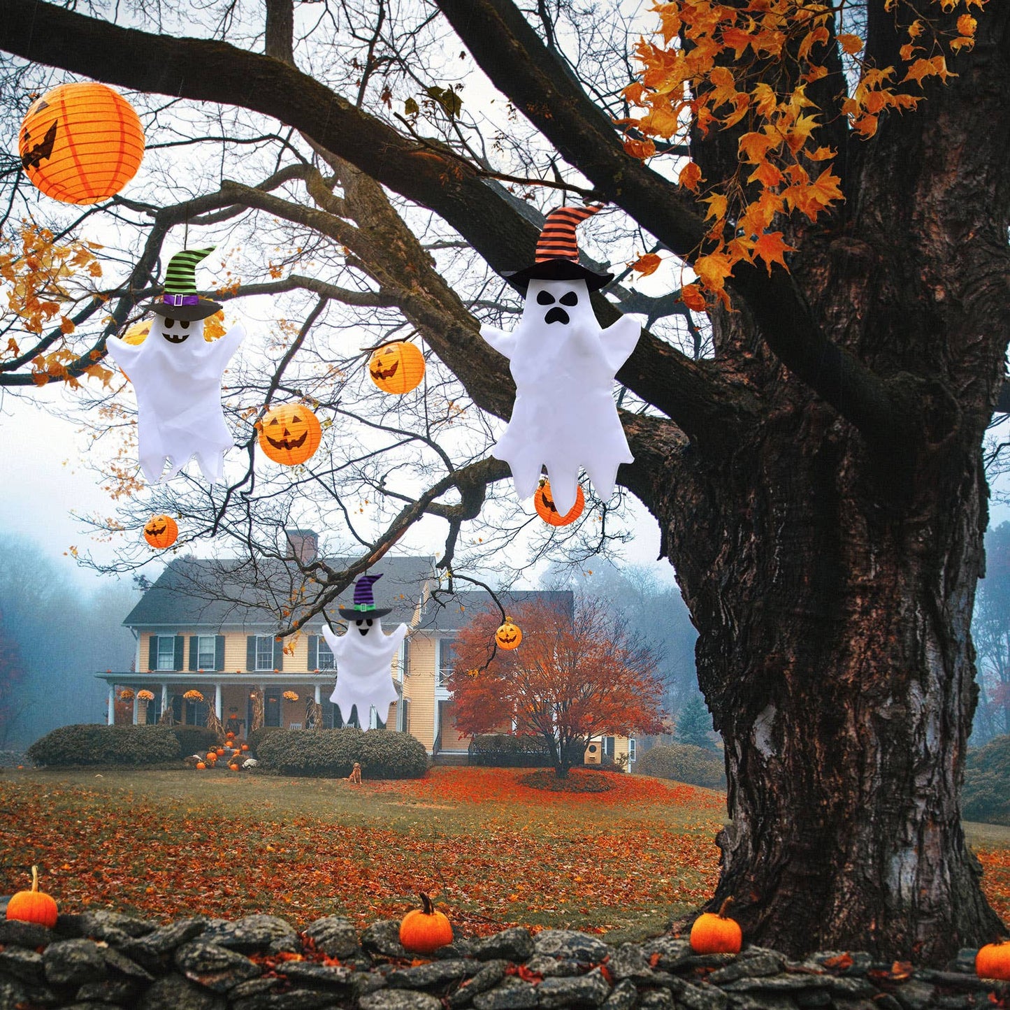 Halloween Hanging Ghost with Witch Hat Outdoor Decor