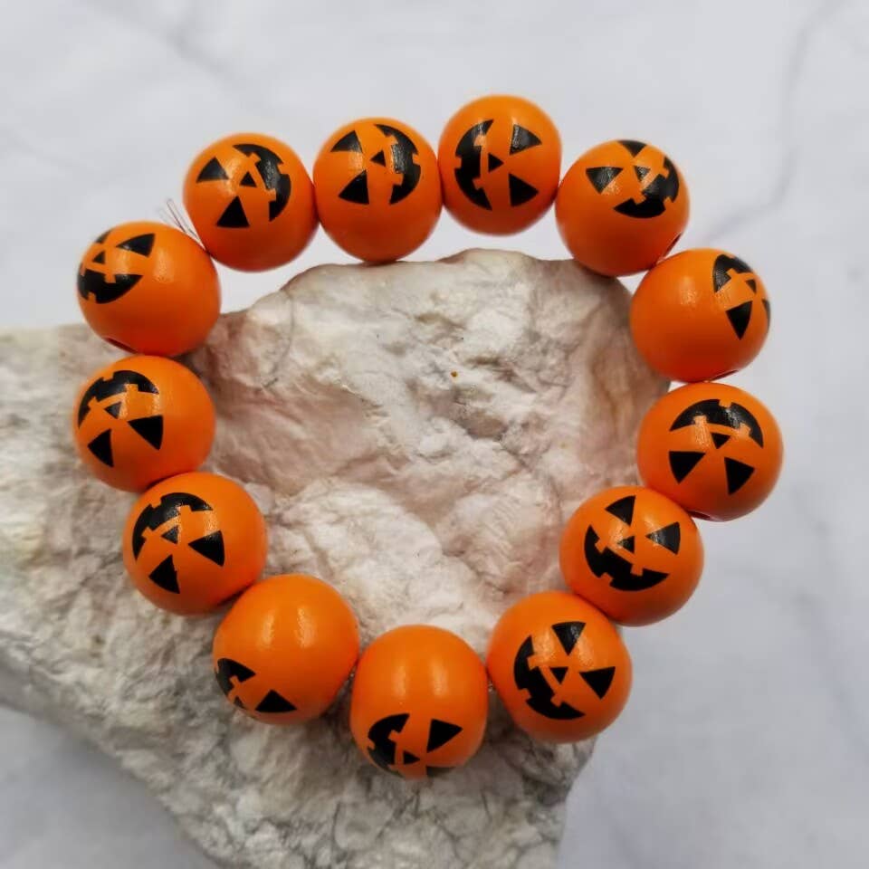 Halloween Pumpkin Wood Beaded Bracelet