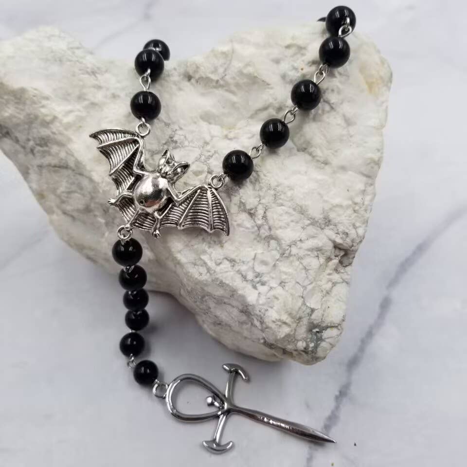 Goth Black Glass Bead Bat Cross Necklace