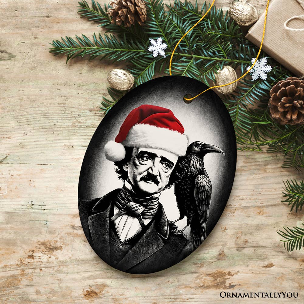 Edgar Allan Poe with Santa Hat And Raven, Christmas Decor