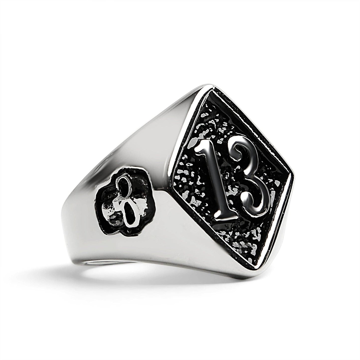 Stainless Steel "13" and Skulls Signet Ring