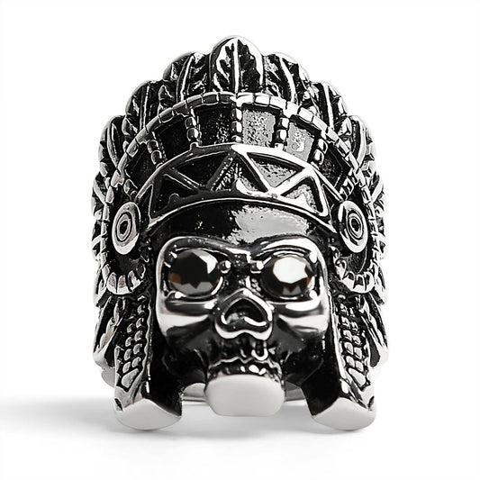 Stainless Steel Black CZ Eyed Native American Chief Skull Ring