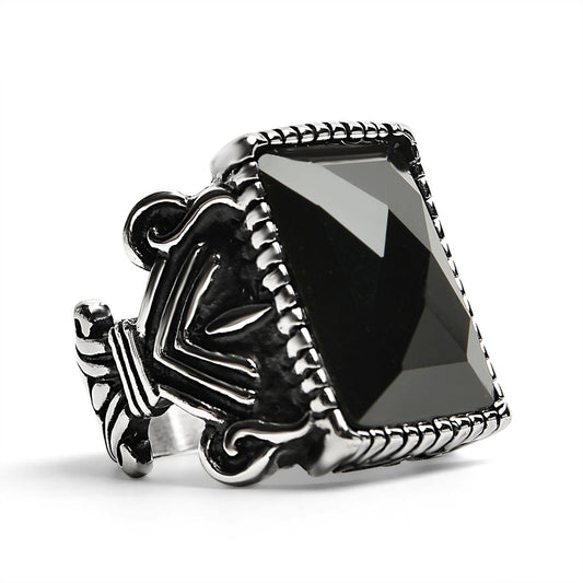 Stainless Steel Black Stone Statement Ring