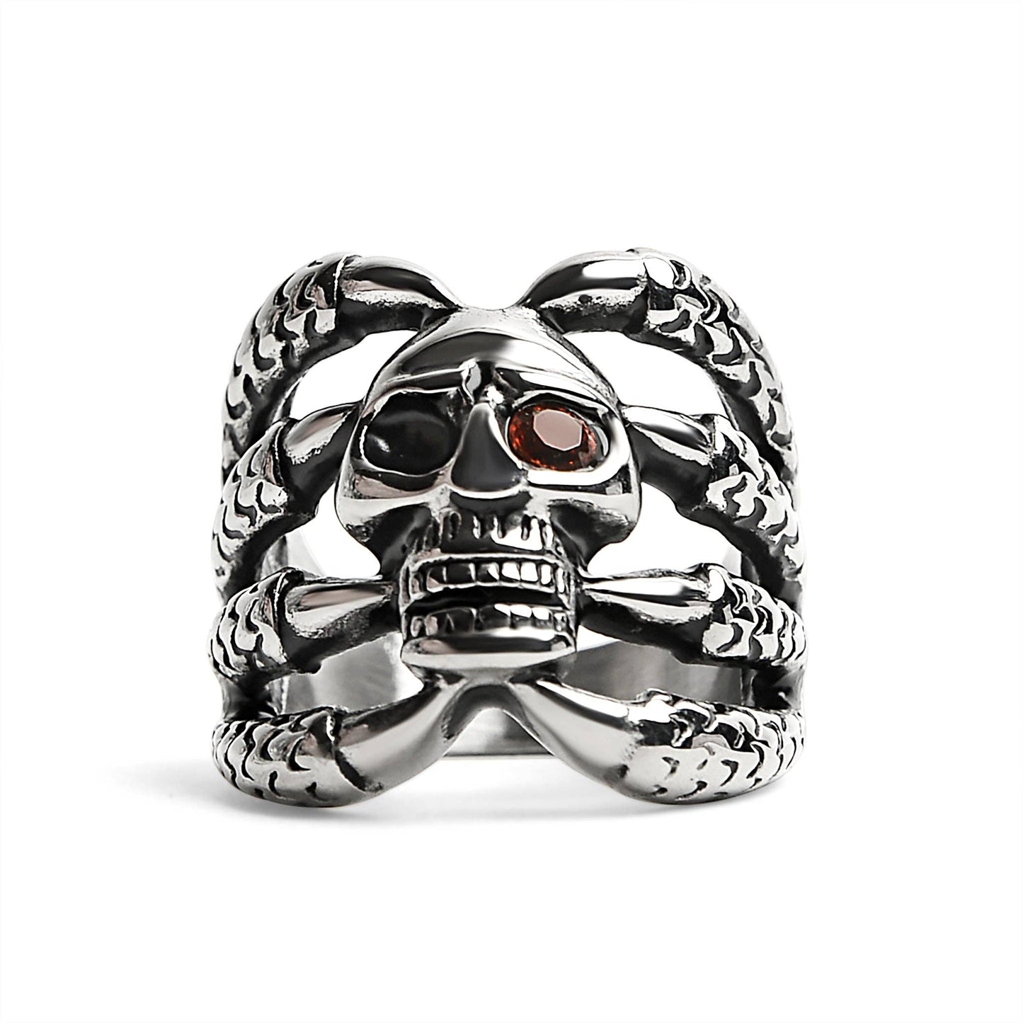 Stainless Steel Dragon Claws Holding Red CZ Eyed Skull Ring
