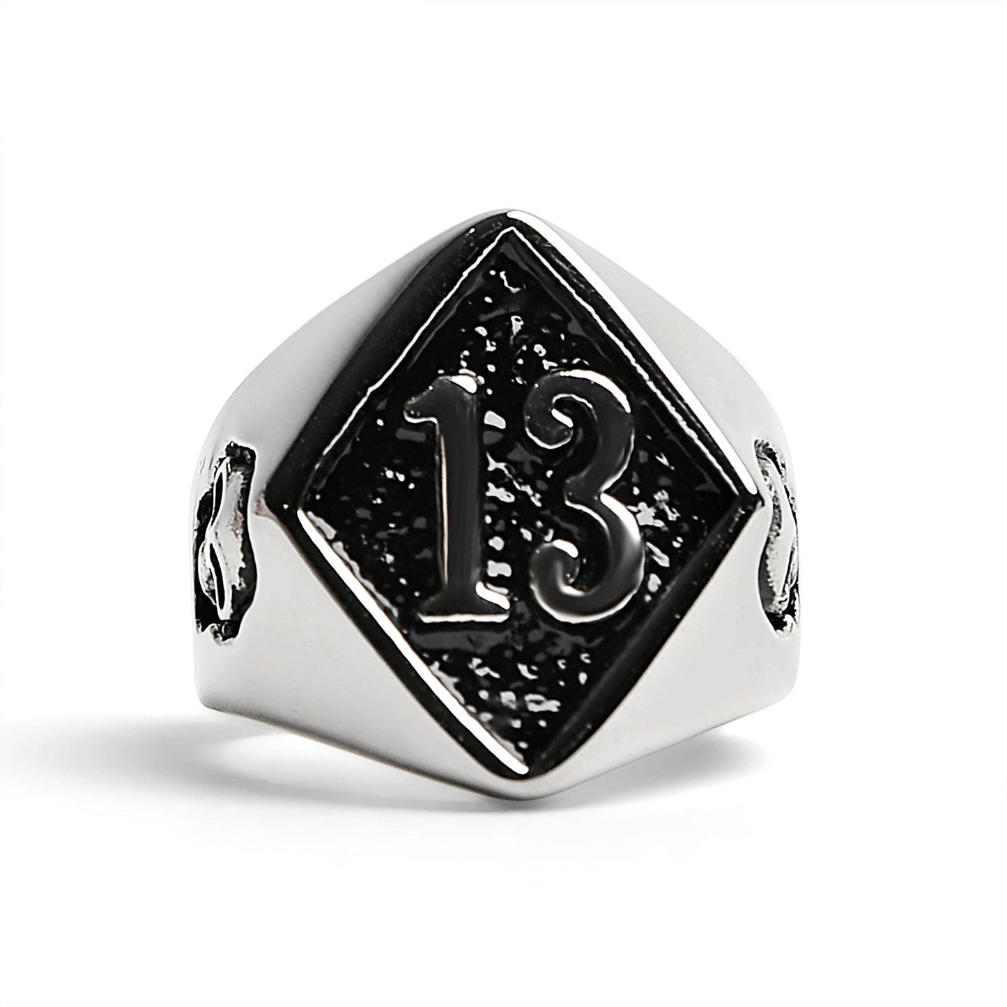 Stainless Steel "13" and Skulls Signet Ring