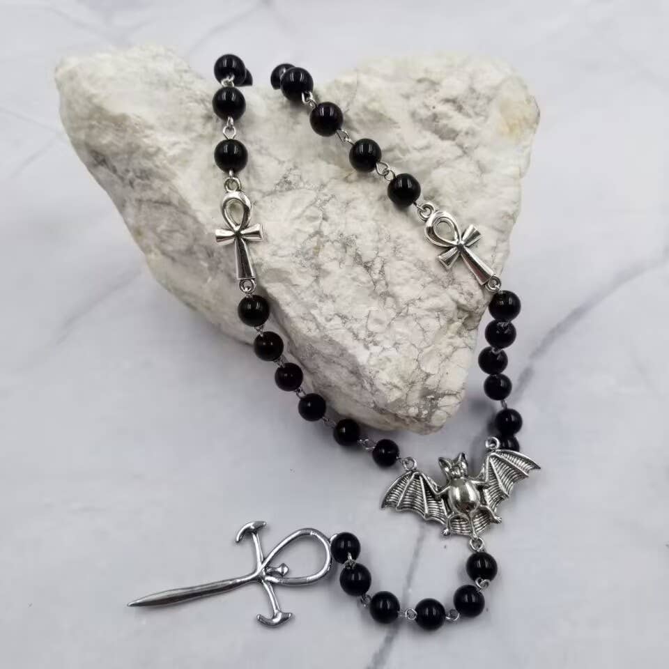 Goth Black Glass Bead Bat Cross Necklace