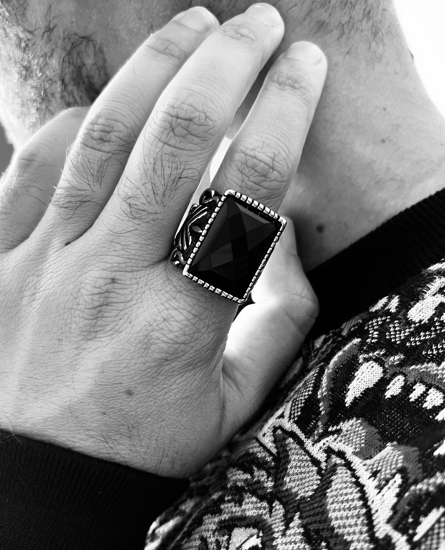 Stainless Steel Black Stone Statement Ring