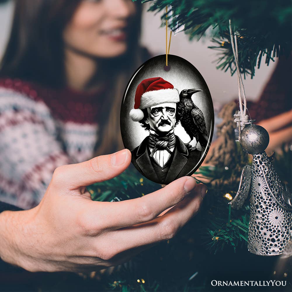 Edgar Allan Poe with Santa Hat And Raven, Christmas Decor