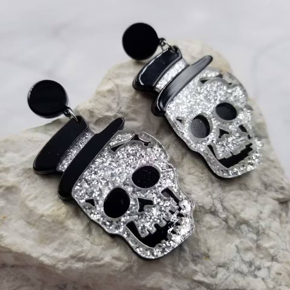 Goth Sparkle Skull Halloween Earrings