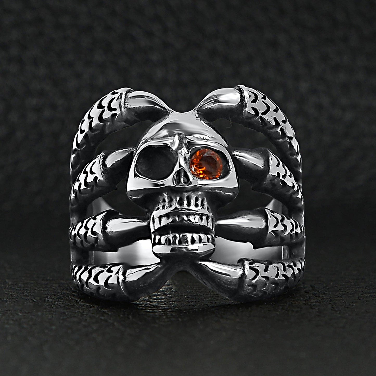 Stainless Steel Dragon Claws Holding Red CZ Eyed Skull Ring