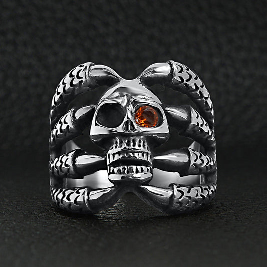 Stainless Steel Dragon Claws Holding Red CZ Eyed Skull Ring