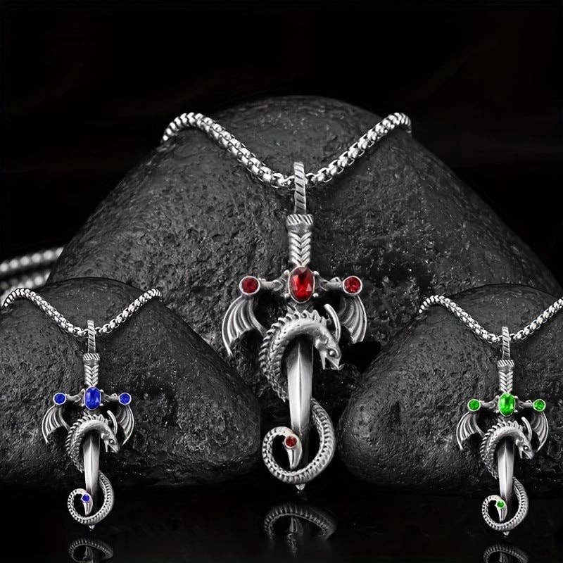 Gem Dragon Sword Stainless Steel Chain Necklace