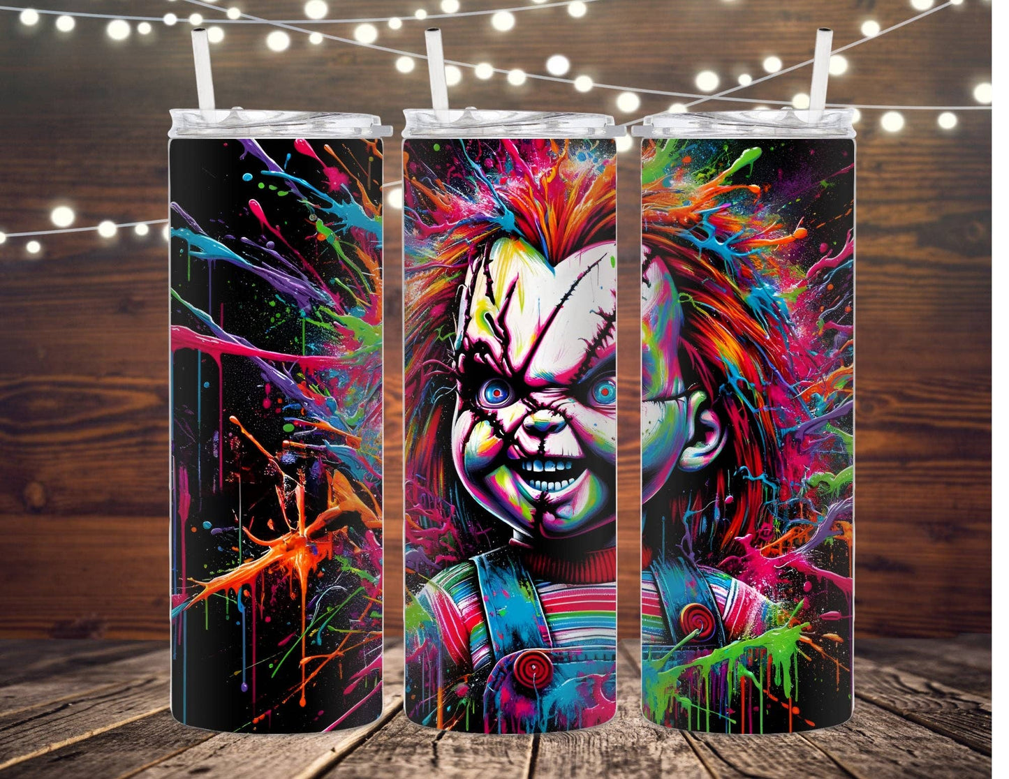 Neon Paint Spattered Chucky Tumbler