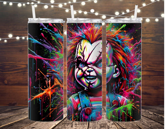 Neon Paint Spattered Chucky Tumbler