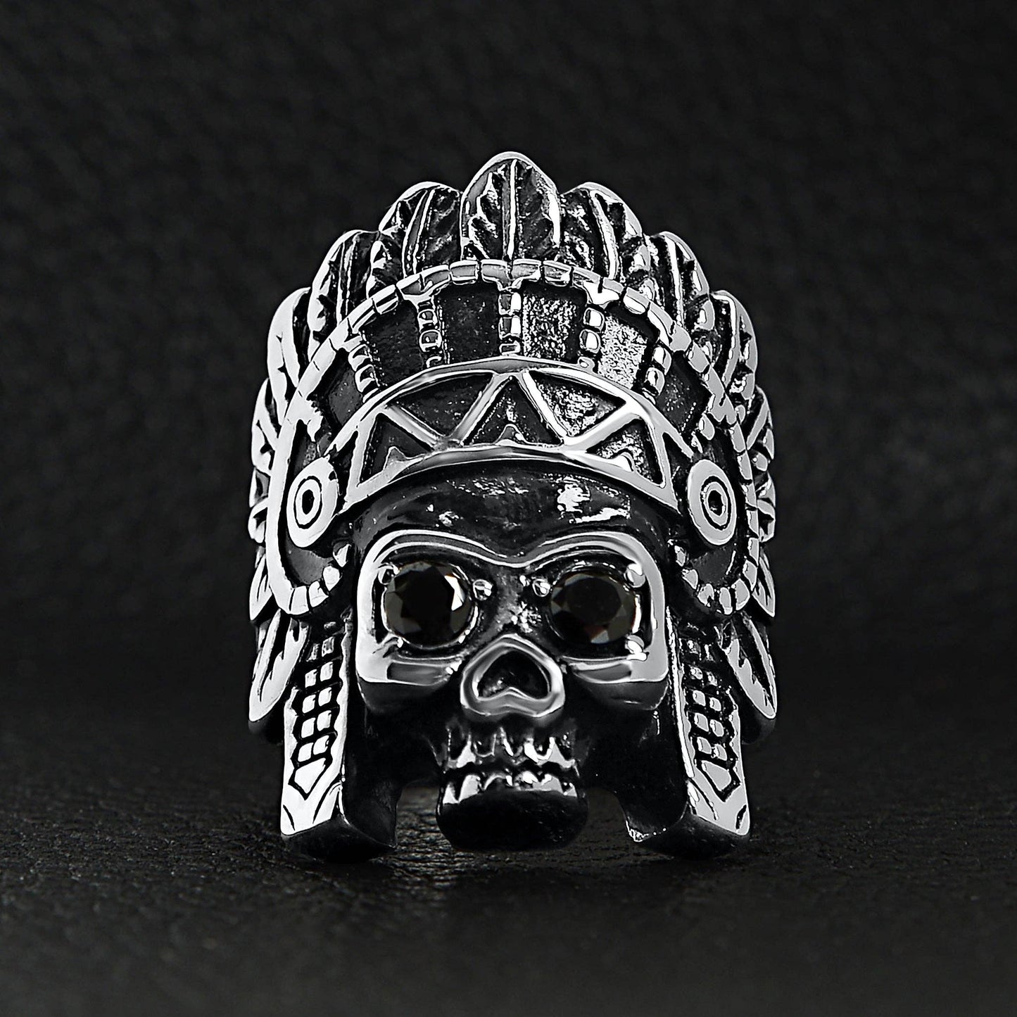 Stainless Steel Black CZ Eyed Native American Chief Skull Ring