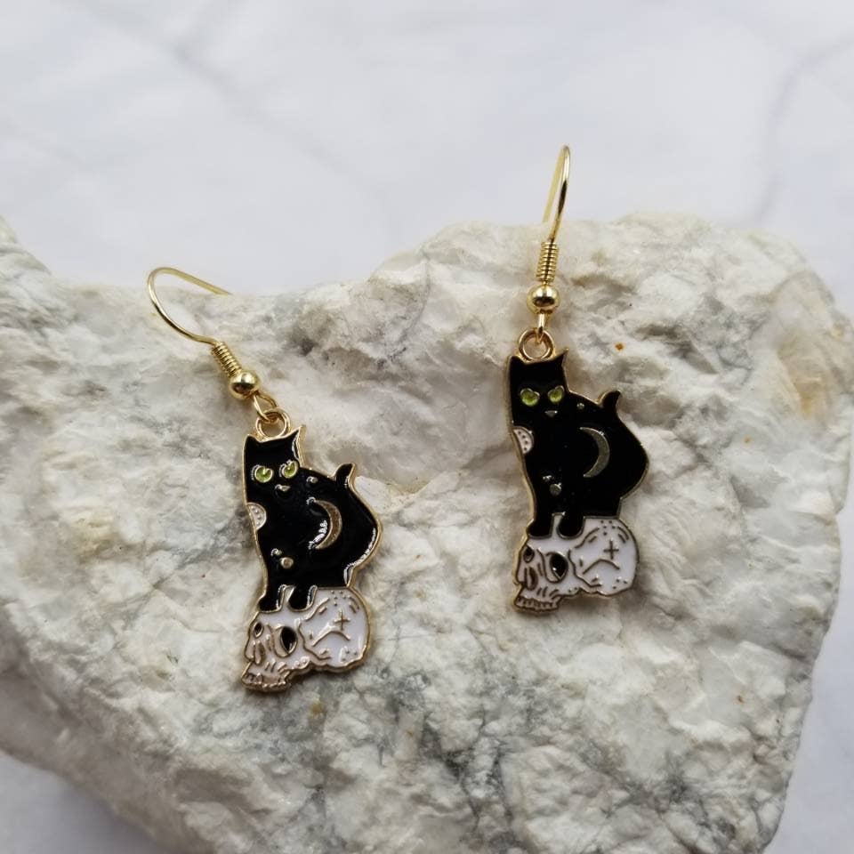 Black Cat on Skull Halloween Earrings