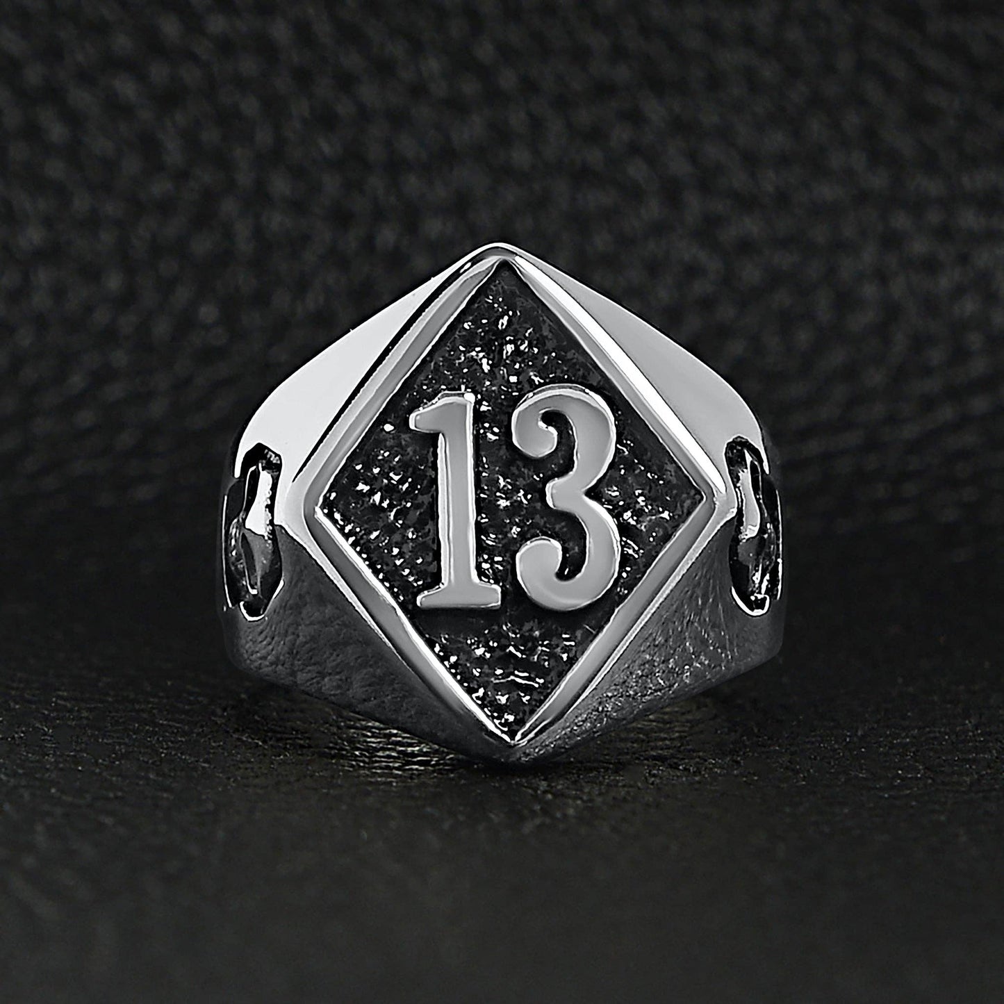 Stainless Steel "13" and Skulls Signet Ring