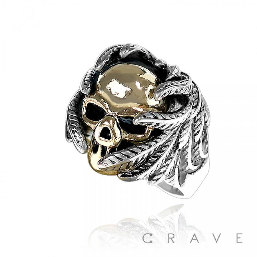 GOLD PLATED FEATHER WINGED SKULL BIKER RING