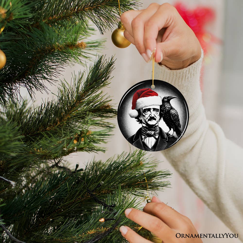 Edgar Allan Poe with Santa Hat And Raven, Christmas Decor