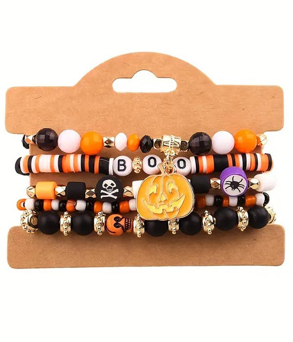 HALLOWEEN CLAY BEAD 5 STRETCH BRACELET SET- Pumpkin