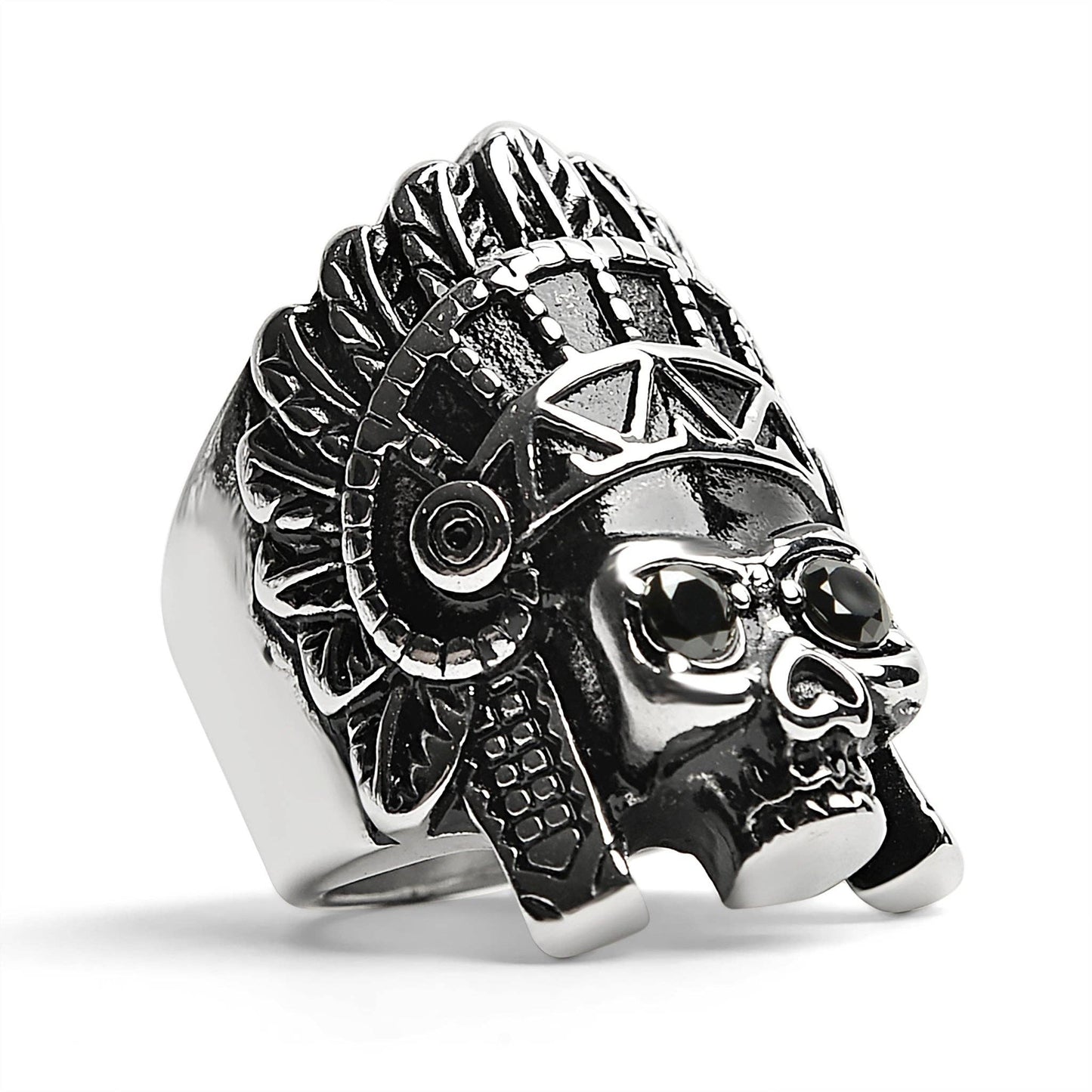 Stainless Steel Black CZ Eyed Native American Chief Skull Ring