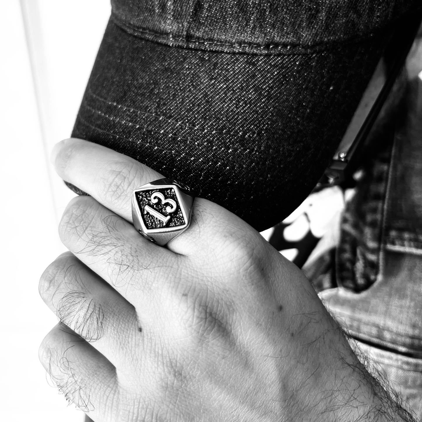 Stainless Steel "13" and Skulls Signet Ring