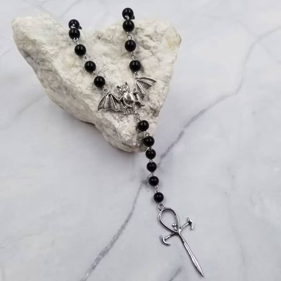 Goth Black Glass Bead Bat Cross Necklace