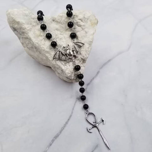 Goth Black Glass Bead Bat Cross Necklace