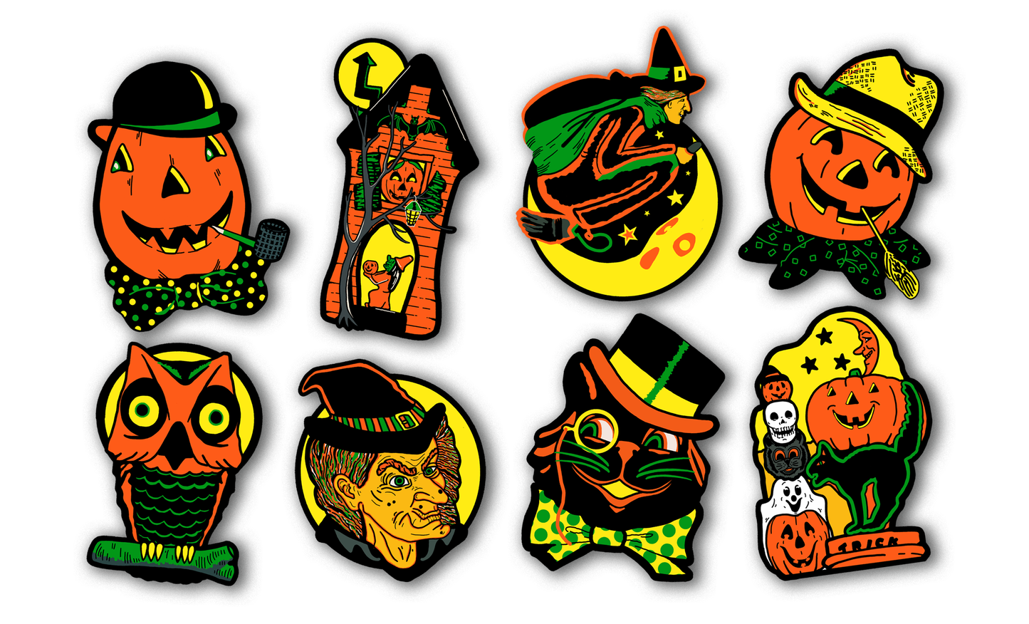 Full Set of 8 Retro Inspired Illuminated Halloween Cutout Decoration Collection