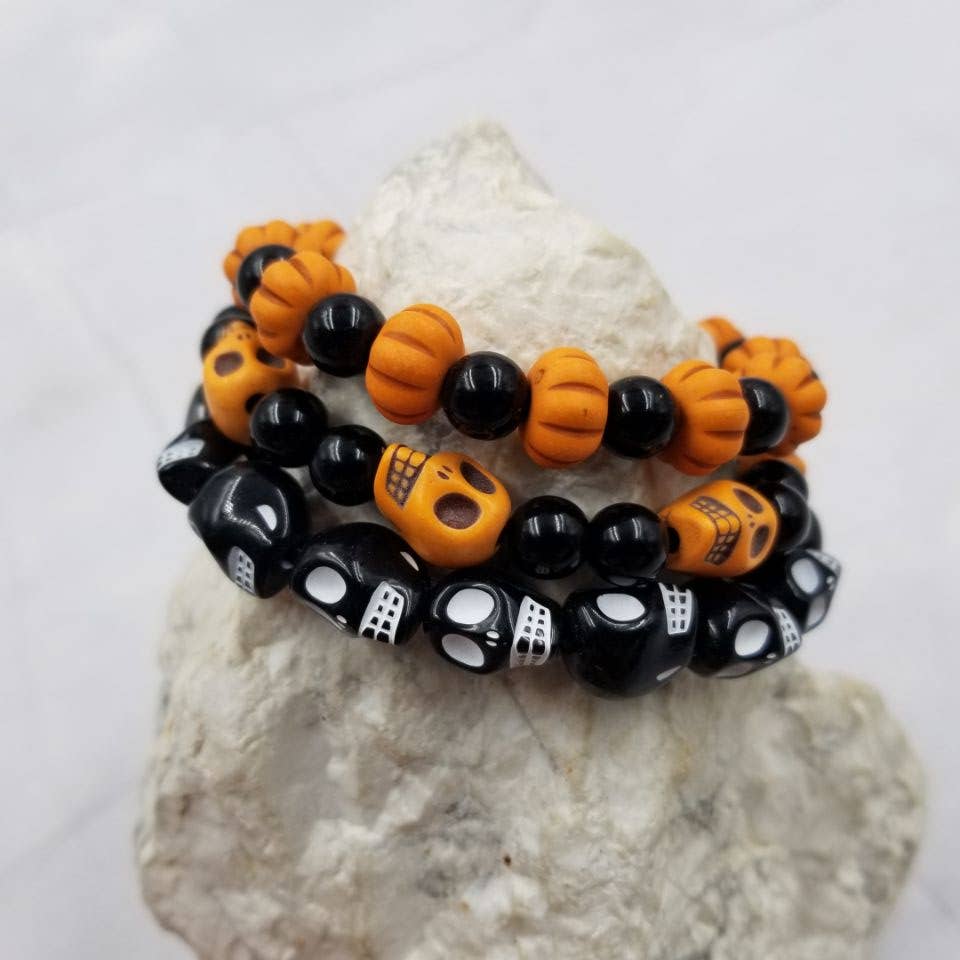 Halloween Pumpkin and Skull Stretch Bracelets Set of 3