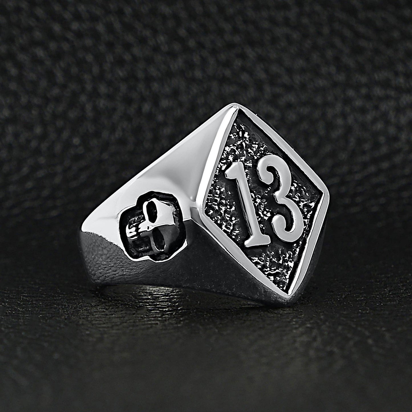Stainless Steel "13" and Skulls Signet Ring