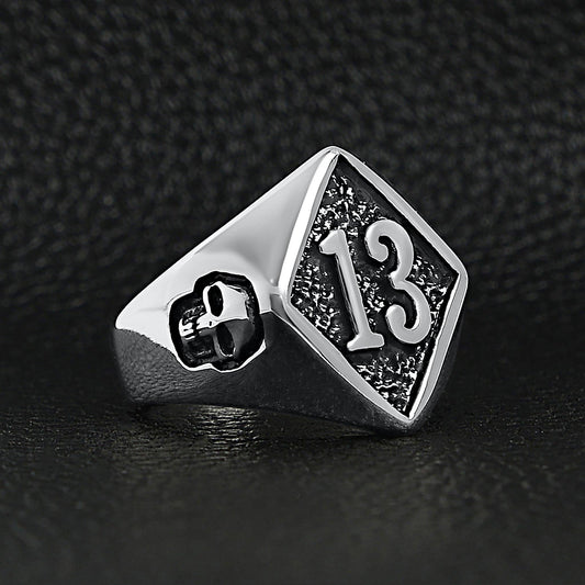 Stainless Steel "13" and Skulls Signet Ring