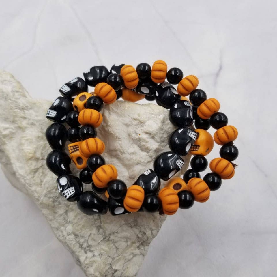 Halloween Pumpkin and Skull Stretch Bracelets Set of 3