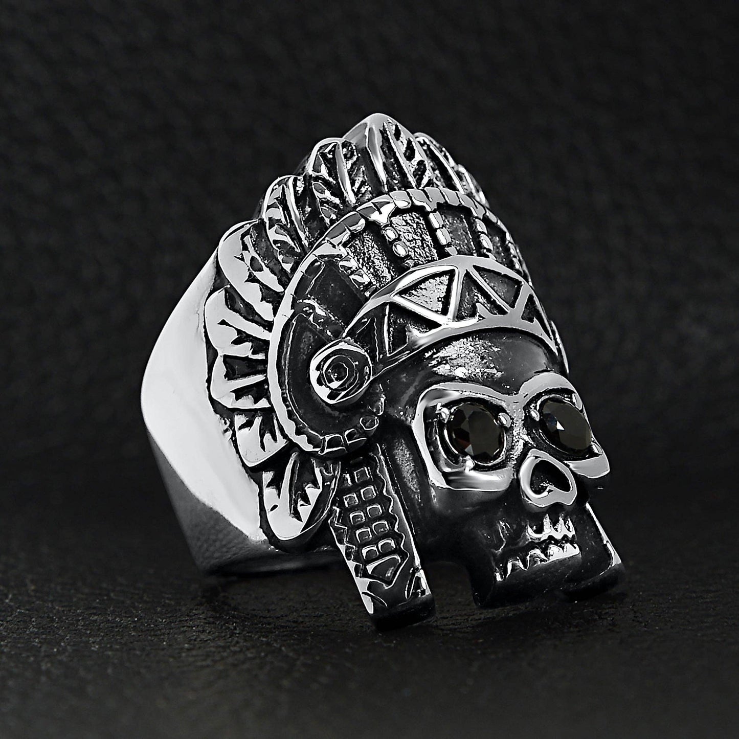 Stainless Steel Black CZ Eyed Native American Chief Skull Ring