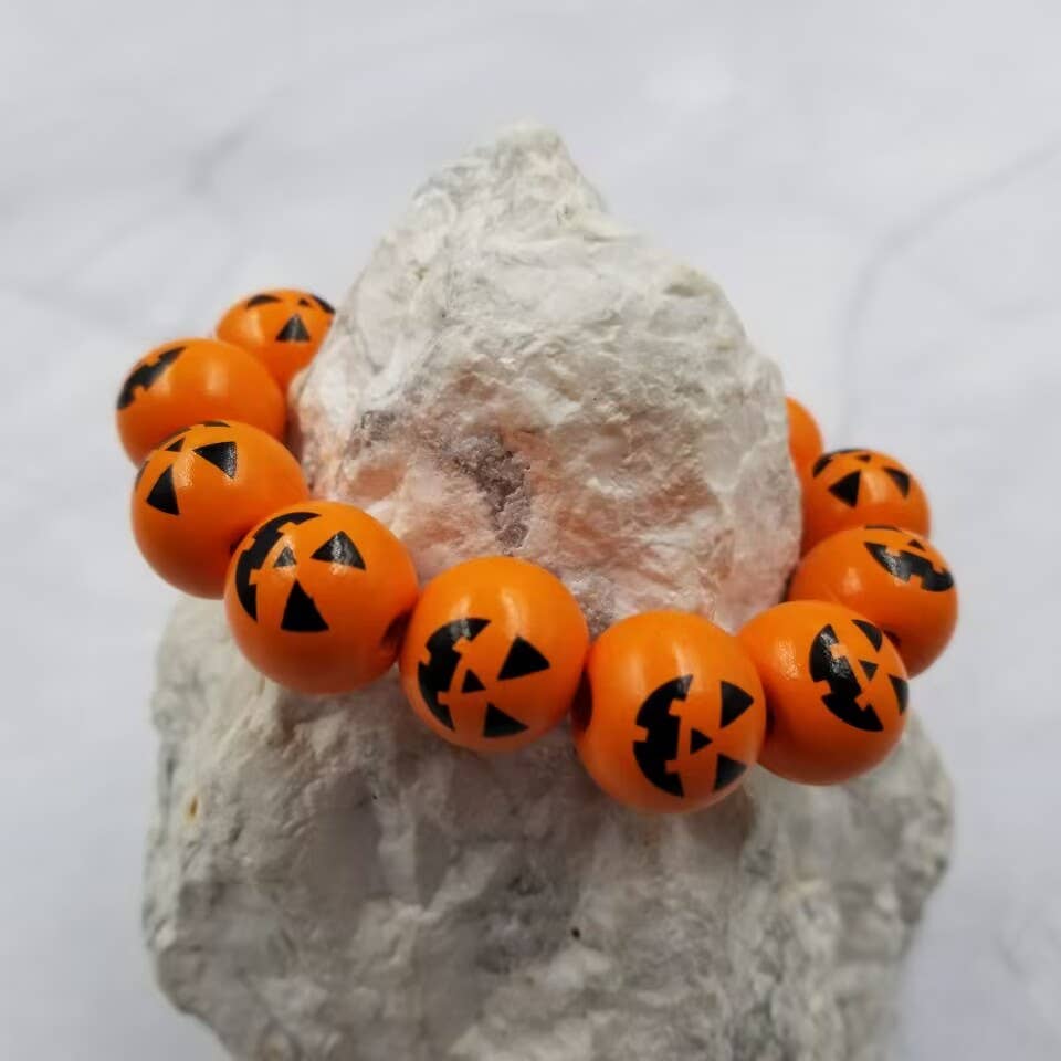 Halloween Pumpkin Wood Beaded Bracelet