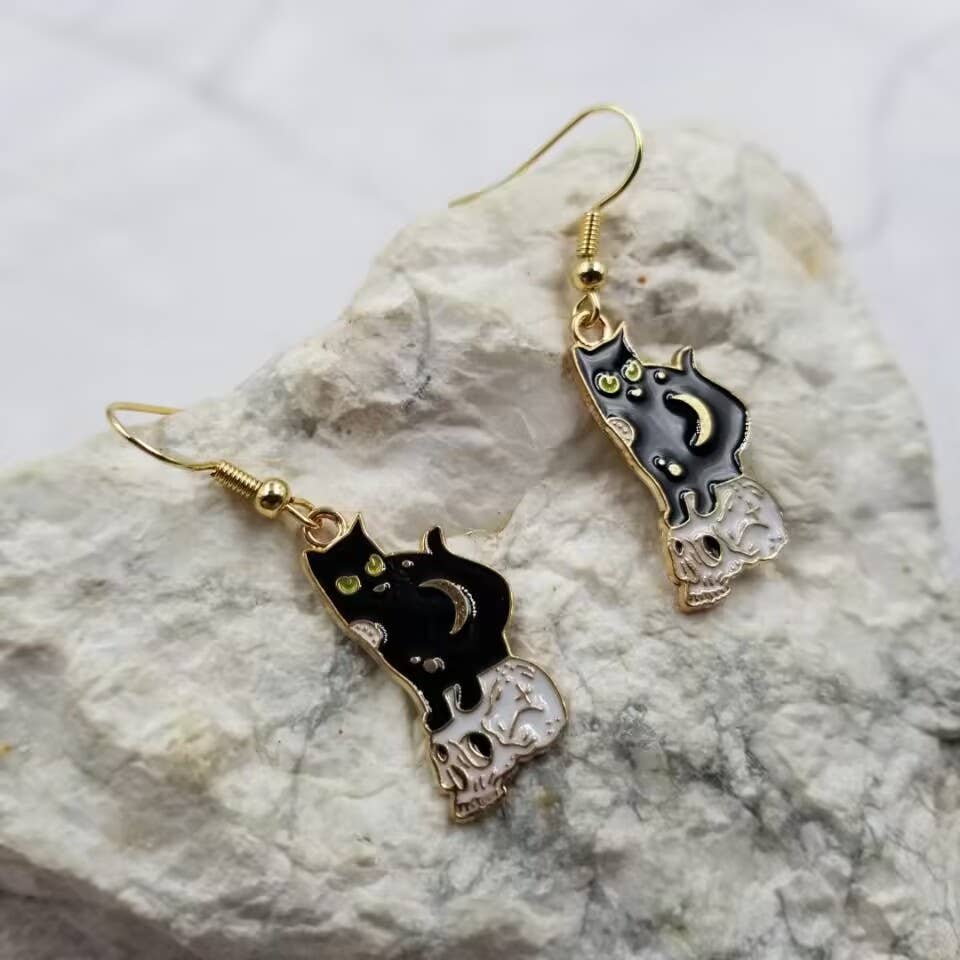 Black Cat on Skull Halloween Earrings