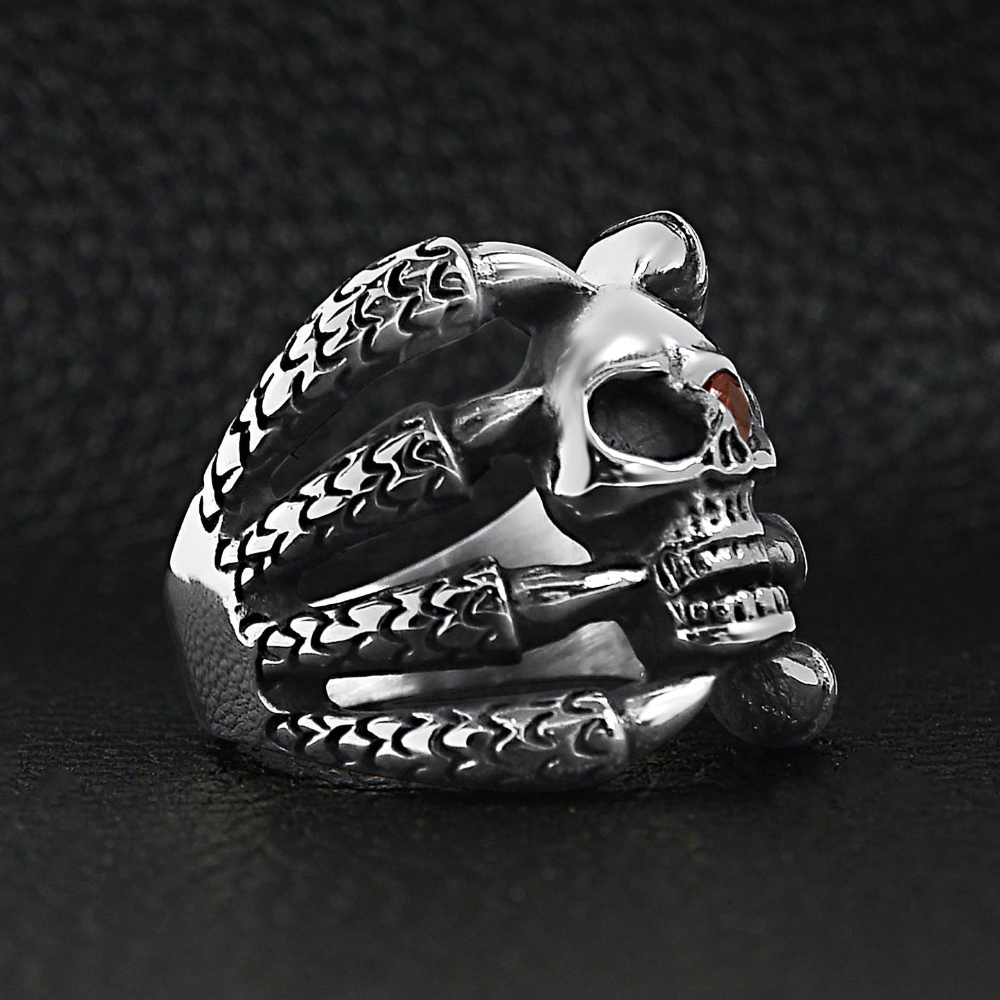Stainless Steel Dragon Claws Holding Red CZ Eyed Skull Ring
