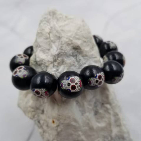 Sugar Skull Black Wood Beaded Bracelet