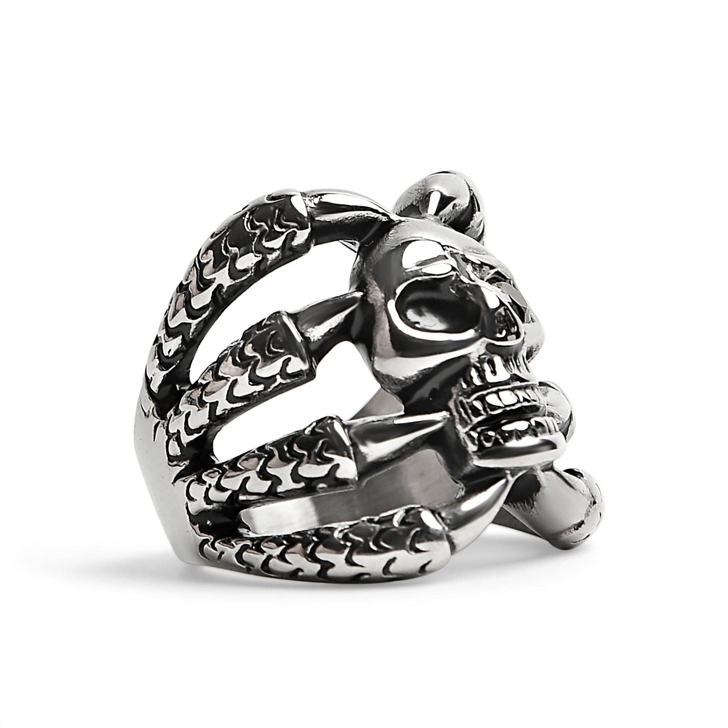Stainless Steel Dragon Claws Holding Red CZ Eyed Skull Ring