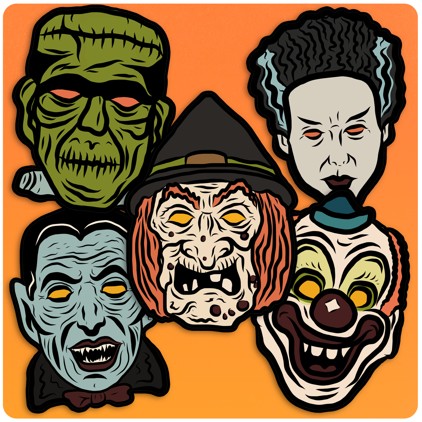 Set of 5 Retro Halloween Masks Cutout Decoration Set - Series 1