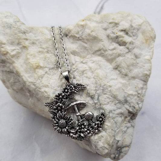 Mystic Mushroom Flower Moon Pendant Necklace