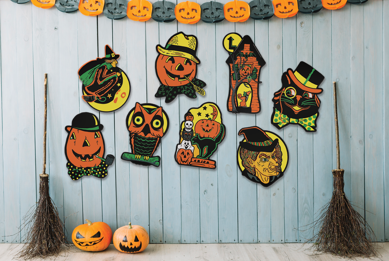 Full Set of 8 Retro Inspired Illuminated Halloween Cutout Decoration Collection