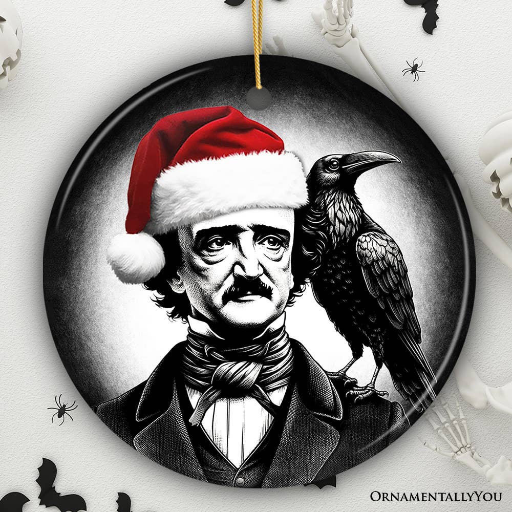 Edgar Allan Poe with Santa Hat And Raven, Christmas Decor