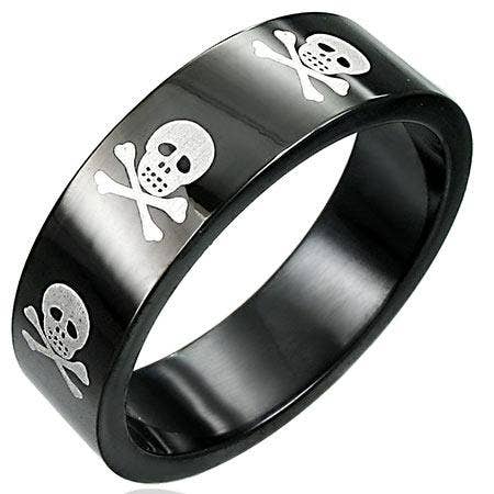 Black With White Skulls Stainless Steel Ring