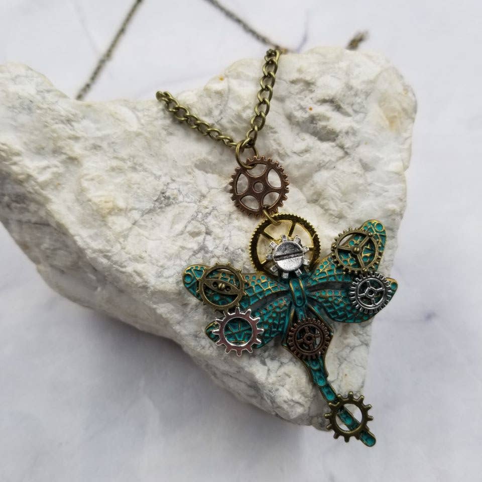 Steampunk Gear Dragonfly Necklace