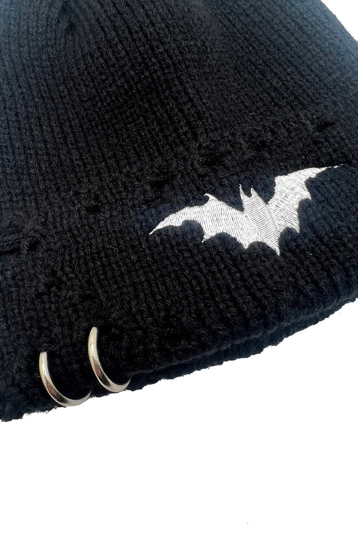 Distressed Pierced Beanie (White Bat)
