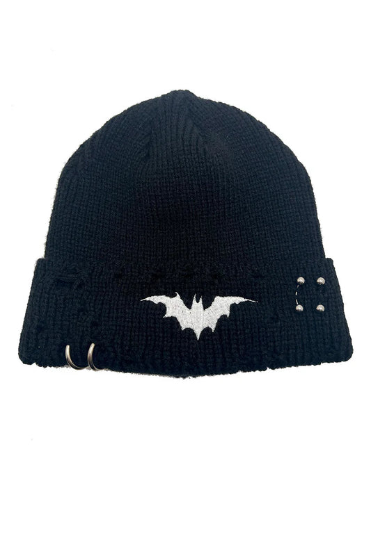 Distressed Pierced Beanie (White Bat)